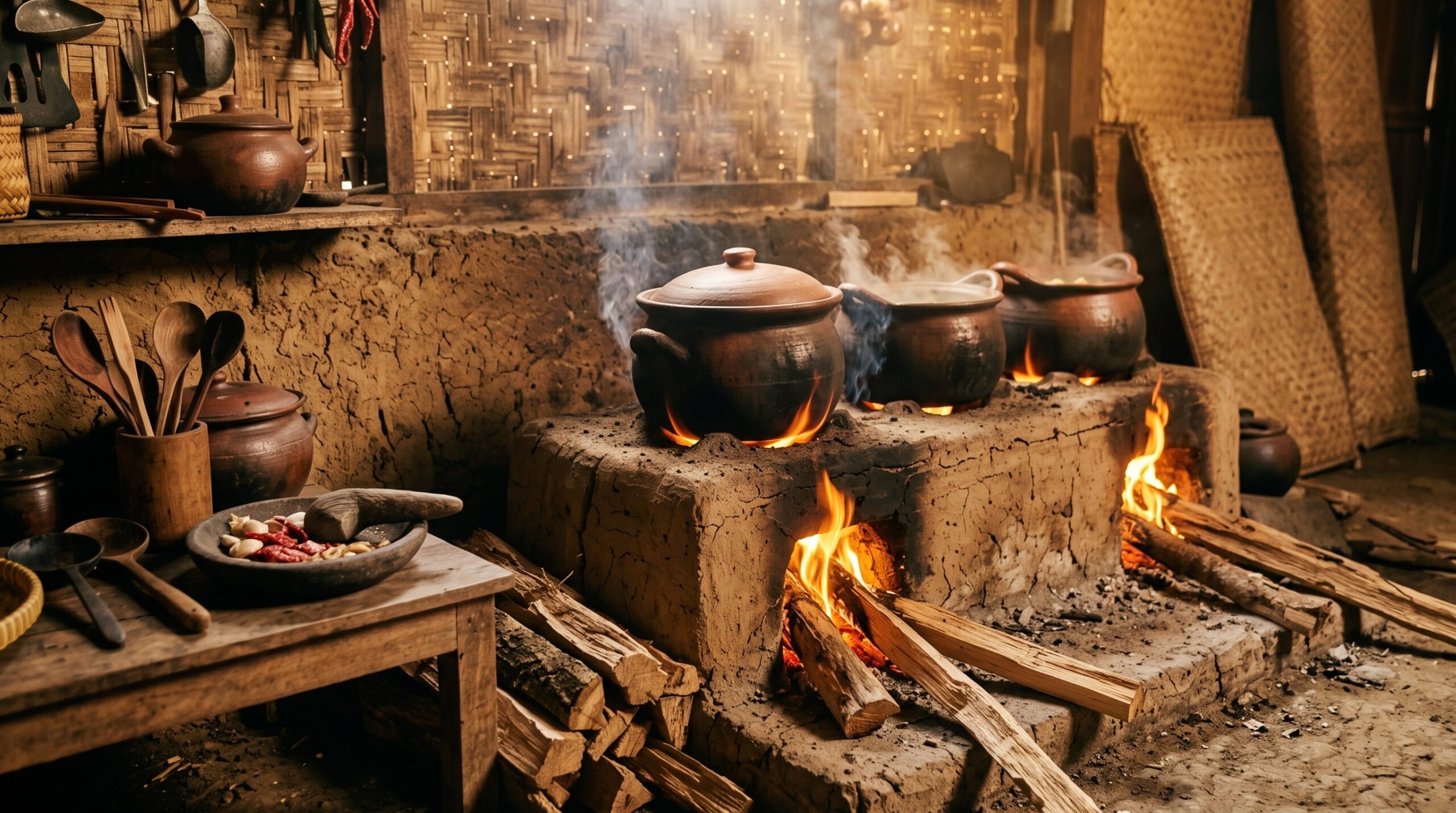 Dapur tradisional kayu bakar kuno dengan asap menerobos dinding bambu 2
