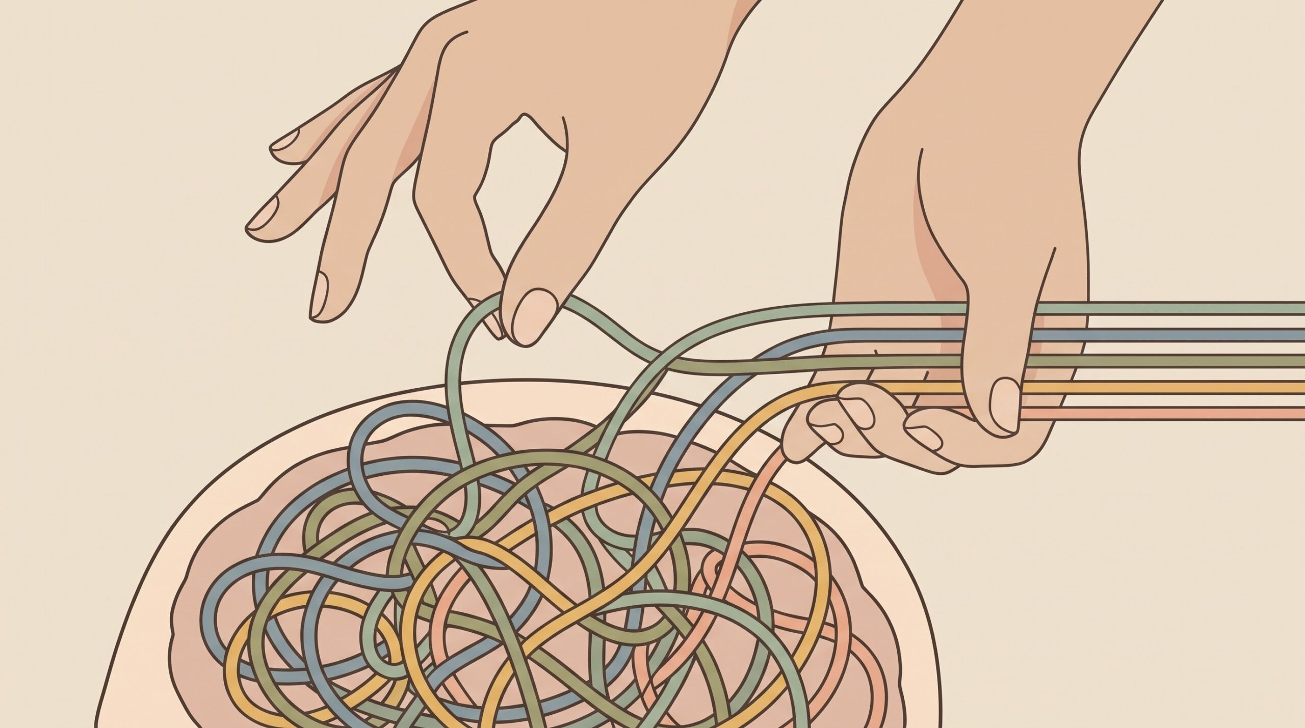 Ilustrasi proses decluttering mental merapikan pikiran kusut menjadi rapi dan fokus 2